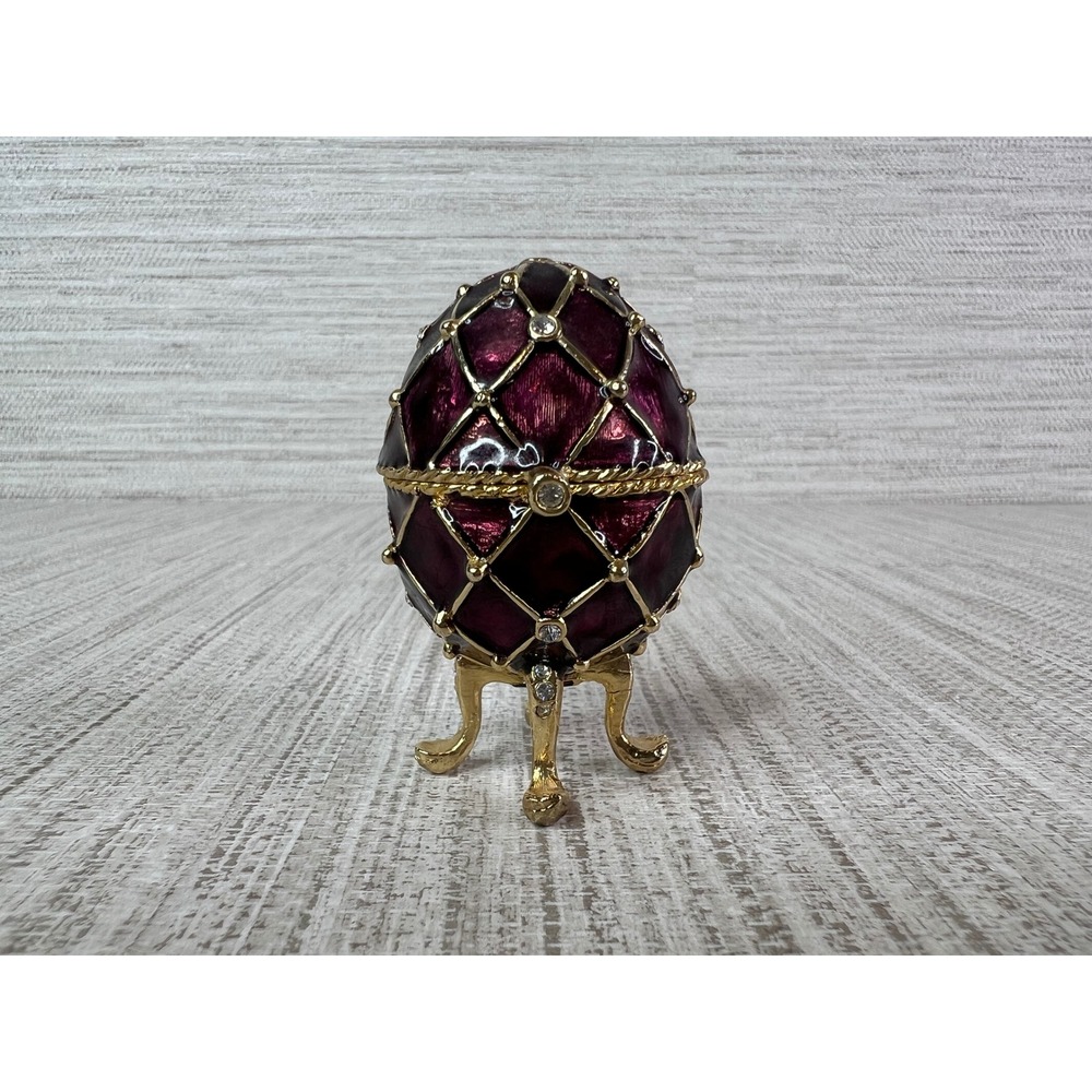 Monet Purple Enamel Fabergé Style Hinged Trinket Box Gold Tone Crystal Accents